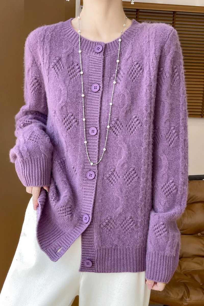 Autumn Winter Twist Flower Single Breasted 100 Merino Wool Womens Cardigan Thick ONeck Casual Loose Sweater Coat TopsT251028