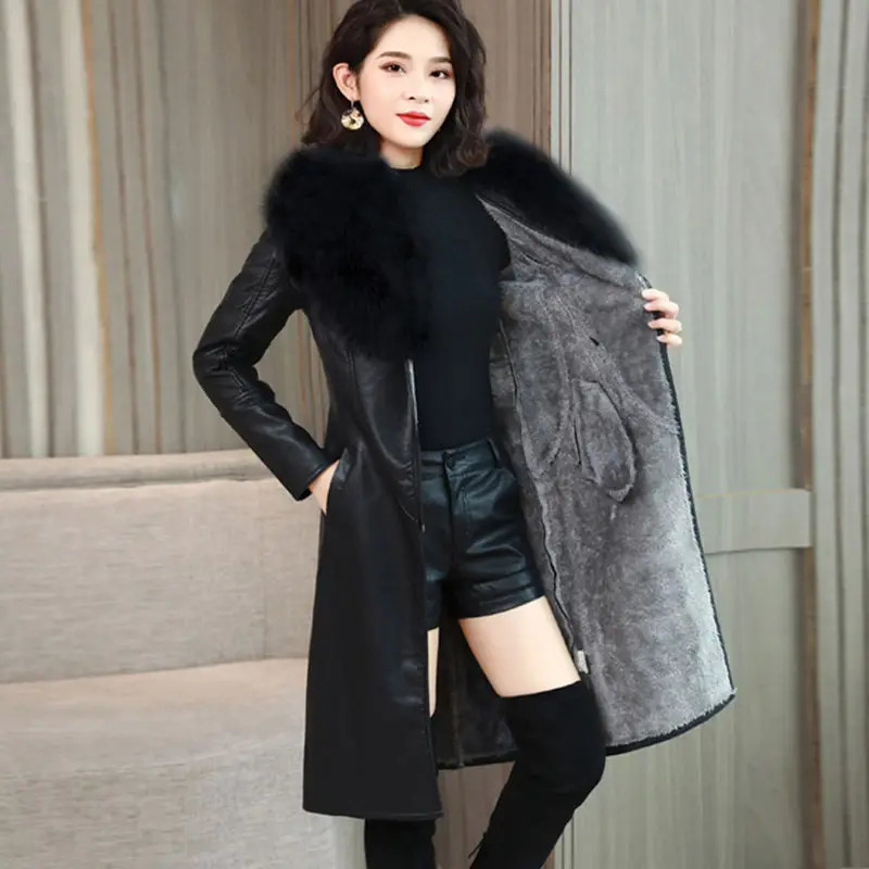 PU Leather Fur Collar Winter Coat Women Solid Adjustable Waist MidLength Slim Jacket Fashion Lady Casual Warm Outwear 251029