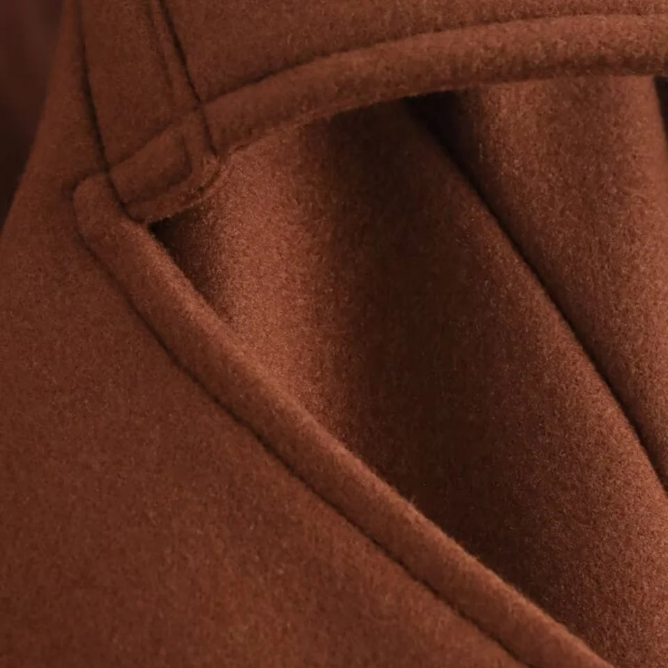 Womens Blended Loose Flip Collar Long Sleeve Button Pocket with Belt AutumnWinter Style Woolen Coat 251028