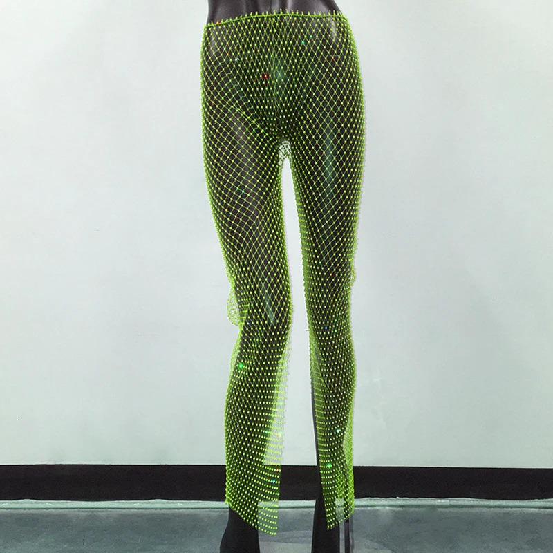 Sparkly Rhinestone Split Pants Hollow Out Fishnet Beach Trousers Women Sexy Y2K Streetwear Nightclub Party Rave Festival Pant 251028
