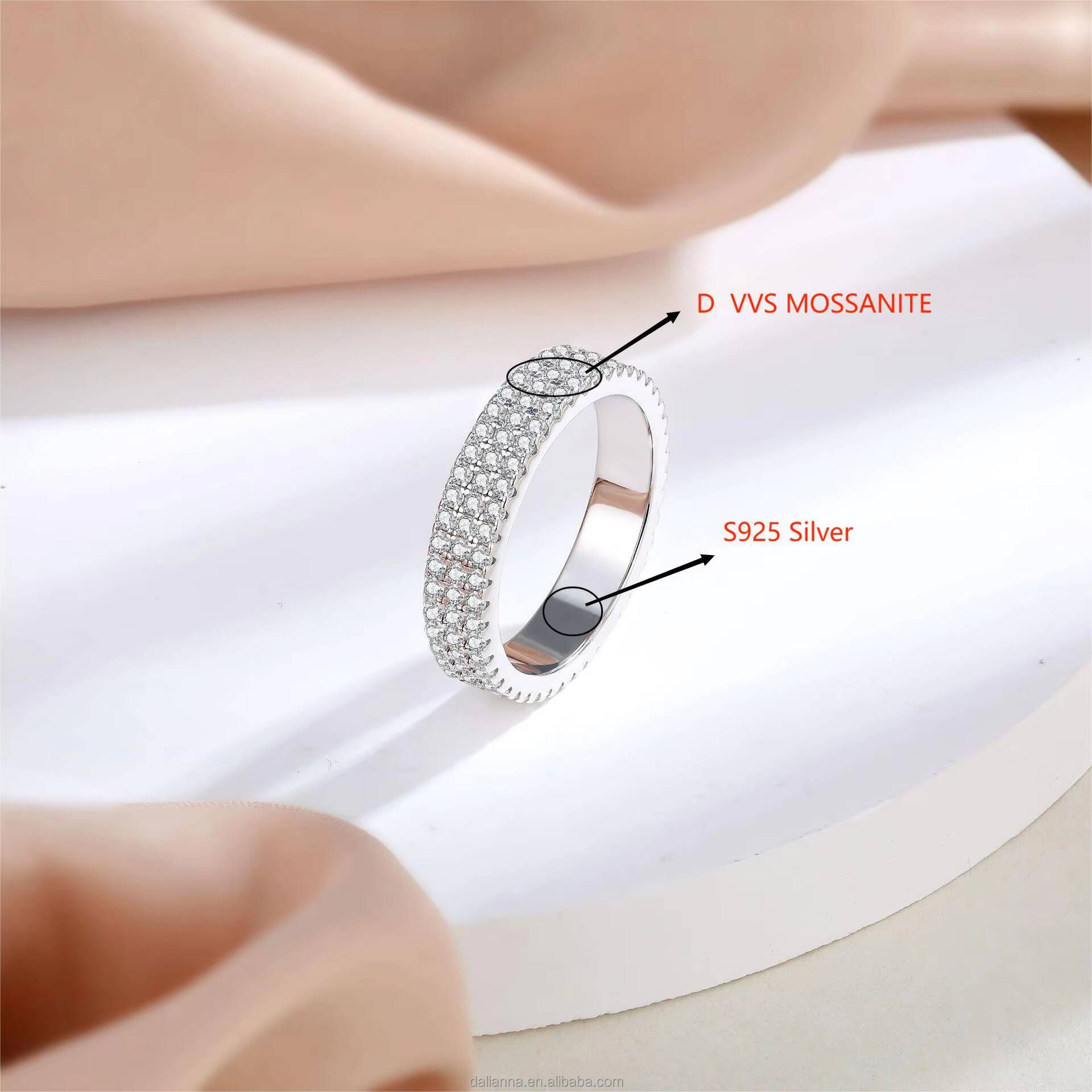 Simply Elegant 3 Ctw Three Row Cluster Moissanite Gemstones Sparkling Ice Brilliant Round Cut Full Eternity Wedding Silver Ring