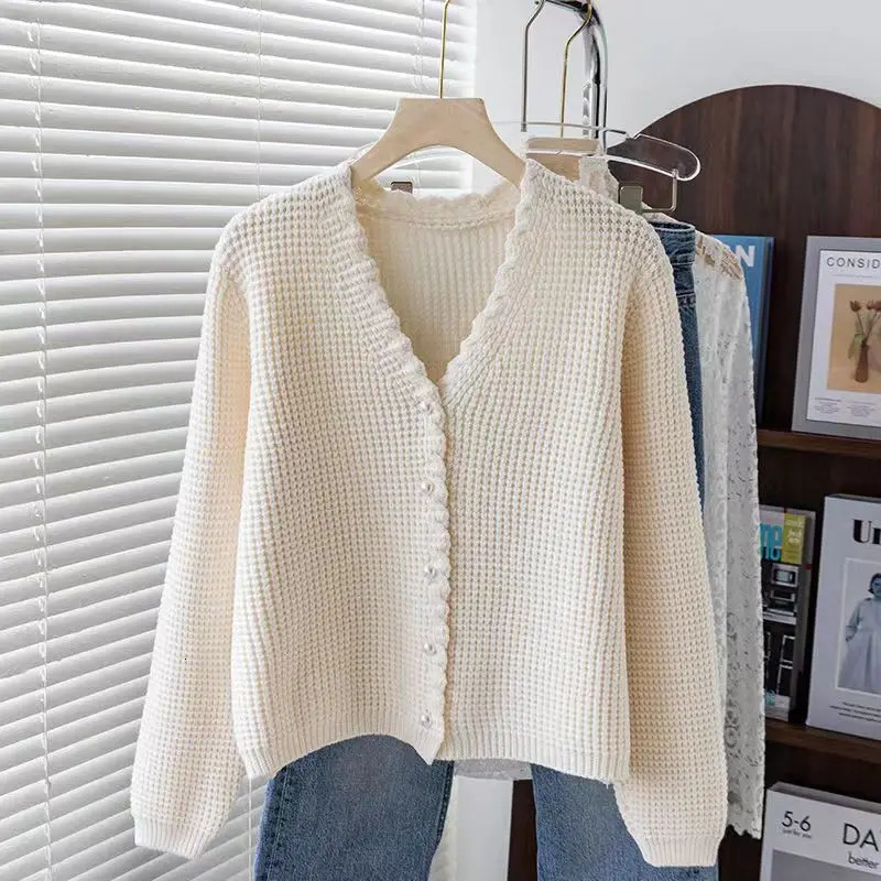 Highend Waffle Knitted Cardigan Womens Spring and Autumn Vneck Wear Versatile Sweater Fashion Top 251029