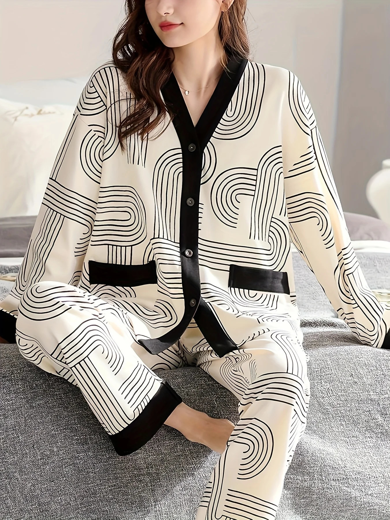 Style Womens Pajama Set for Autumn Winter Long Sleeve Pants Minimalist OuterWearable Loungewear 251029