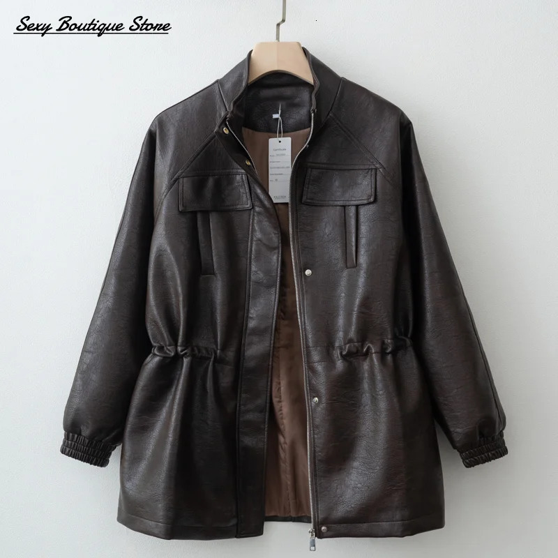 Autumn Winter Pu Leather Jacket For Women Solid Full Sleeve Elastic Adjustable Waist Coat 2025 Lady Fashion Casual Outwears 251029