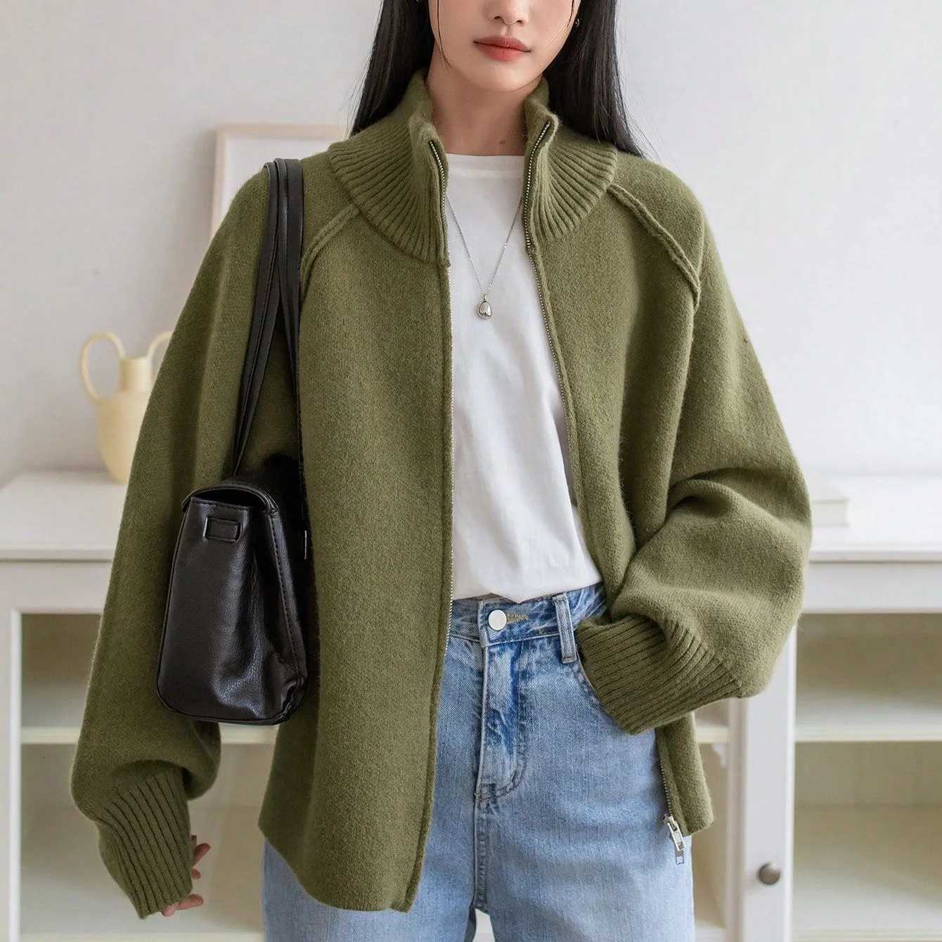 Cardigan Women Sweaters Zipper Coats Stand Collar Full Sleeve Jumpers Y2k Streetwear Elegant Knit Open Stith Autumn WinterT251028