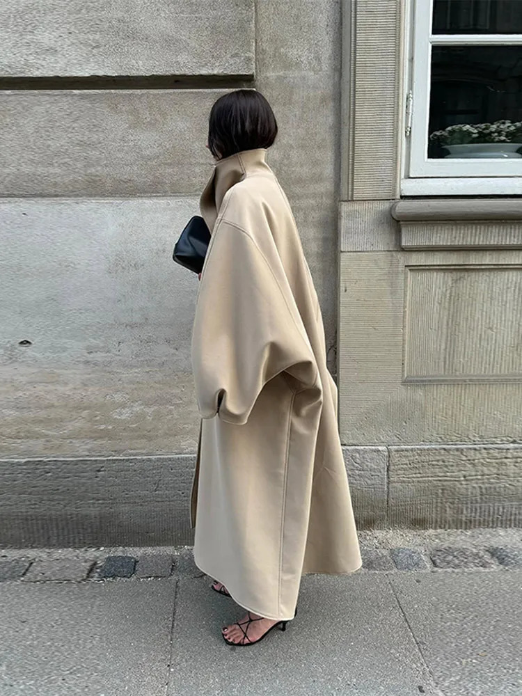 Womens Elegant Faux Suede Long Jacket Stand Collar Bat Sleeve Solid Overcoat Outwears Autumn Winter Female Streetwears 251028