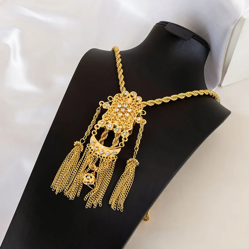 Fatima Store Bridal Chain Necklace Algerian Rhine Stone Arabic Gold Color Slit Tassel Pendant Jewelry Accessory 251028