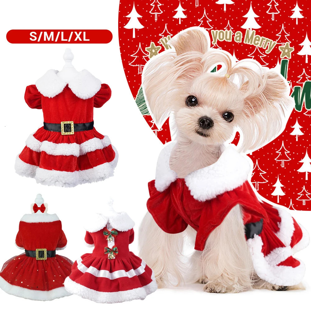 Christmas Dog Clothes Dog Ruffle Edge Dress Coat Xmas Plush Dress Skirt Pets Cat Warm Dress Bow Headbands Collar Skirt Supplies 251029