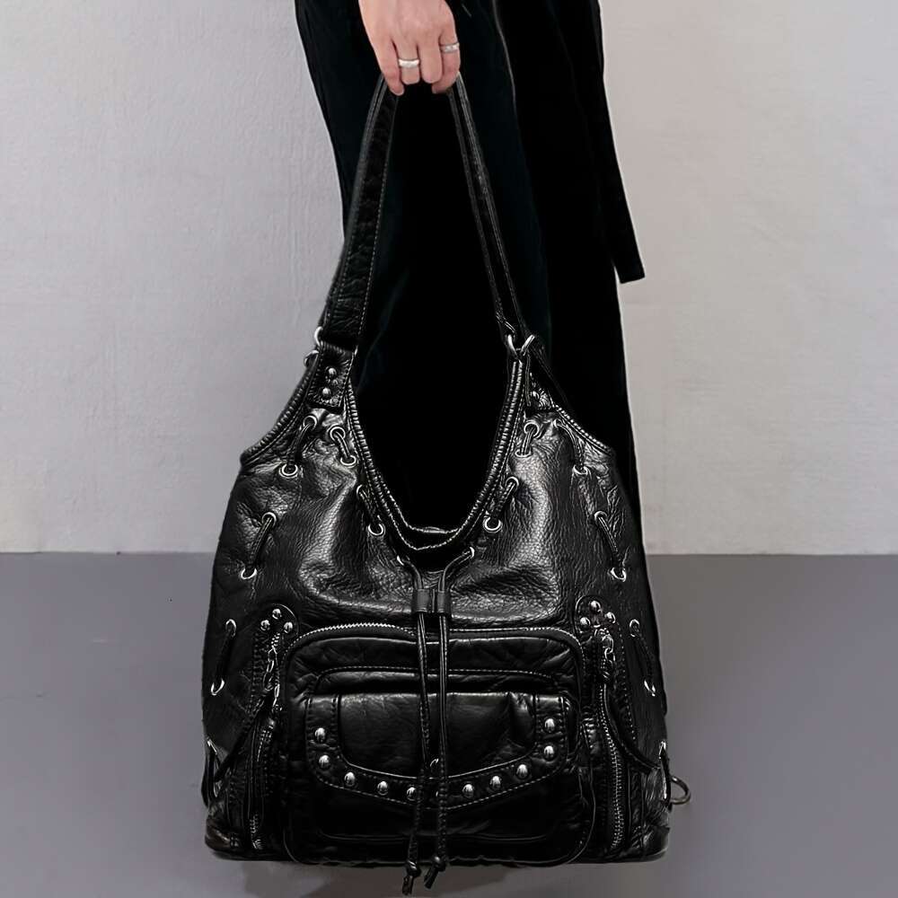 Large Capacity Crossbody Retro Purse With Multiple Zippered Pockets, Detachable Strap Edgy Gothic Handbag Women, Vegan Synthetic Leather