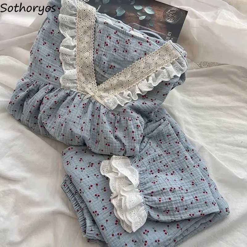 Pajama Sets Women Chic Lace Cute Schoolgirls Prints Sleepwear Japanese Style Fashion Long Sleeve Pajamas New Autumn College HomeT251029