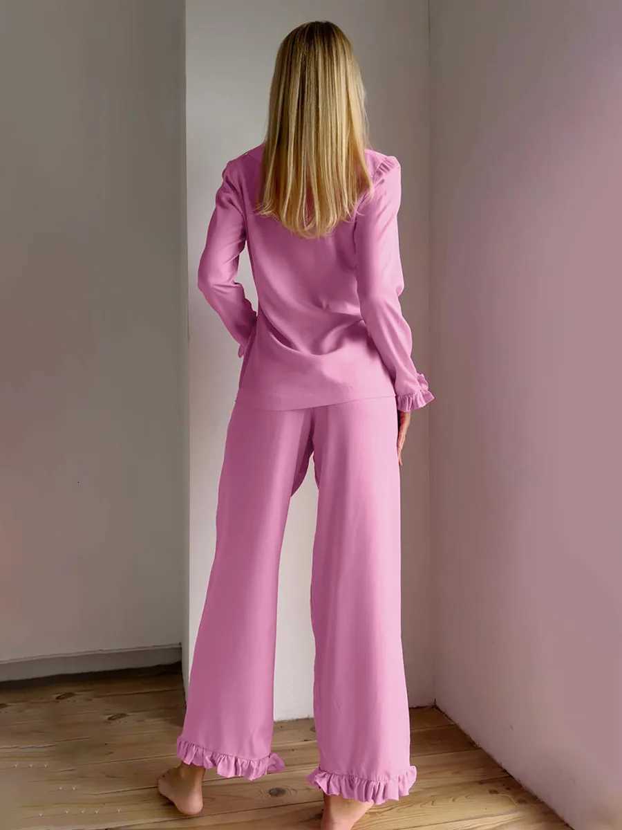 Blubelle Lotus Leaf Side Length Sleeve Long Pants Pajama Set Autumn New Womens Solid Color Cardigan Pajama Casual Home Suit SetT251029