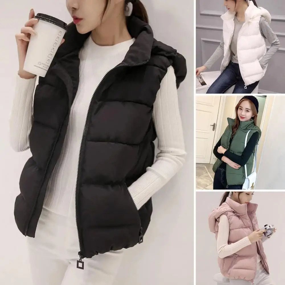 Women Sleeveless Pocket Hooded Vest Coats Winter Solid Color Warm Cotton Padded Jackets Waistcoat Female 251027