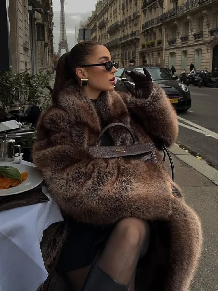 Lapel Long Faux Fur Coat For Women Solid Full Sleeve Furry Loose Jackets Fashion Ladies Winter Warm High Street Outerwear 251029