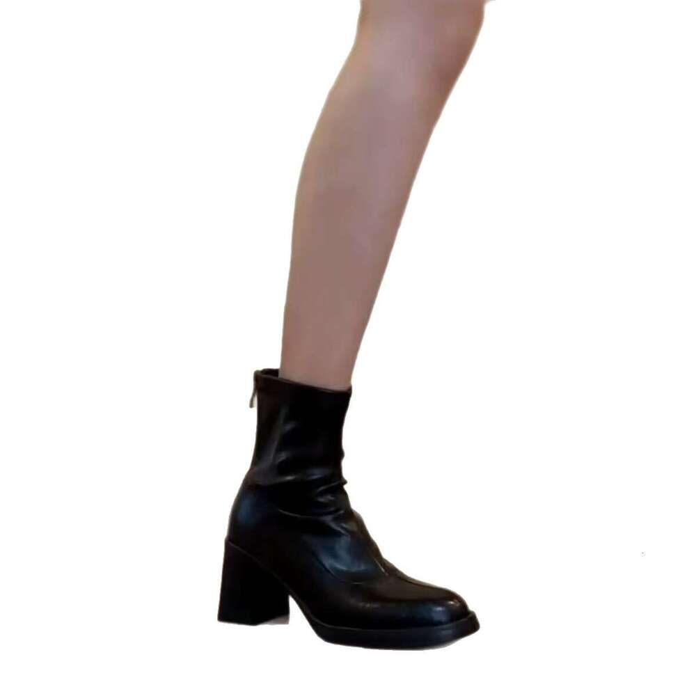 Designer Shoe Cowhide Version ~ Minimalist New Black Versatile Stretch Slim for Women with Back Zipper High Heel Slimming Short Boots