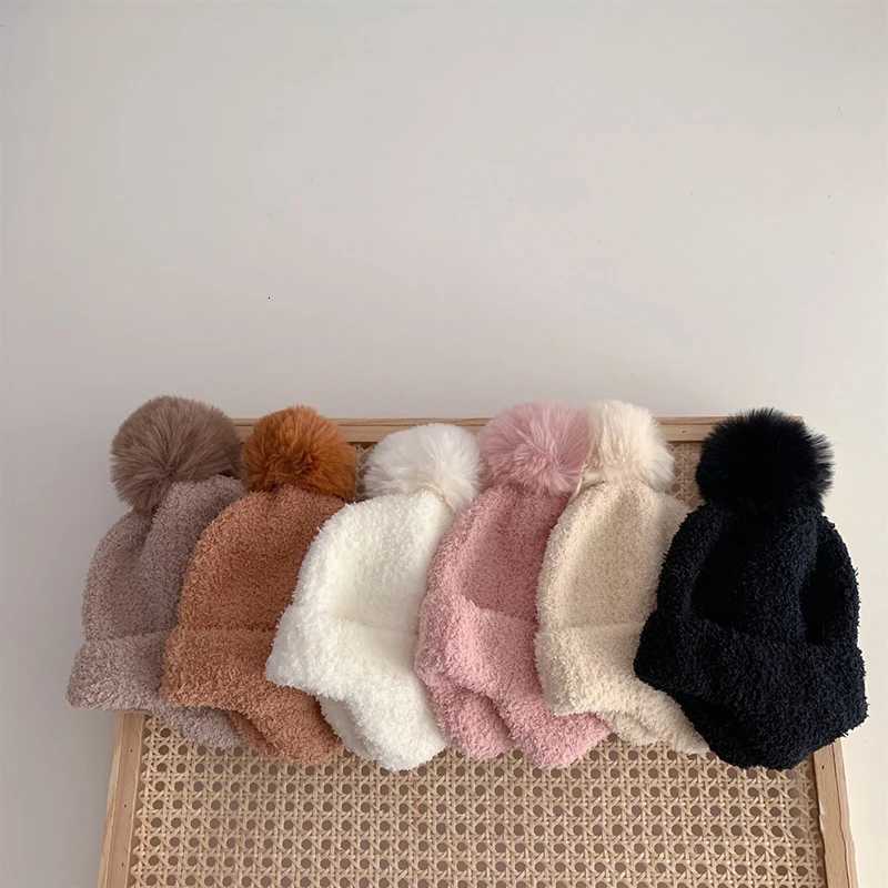 Winter Warm Baby Ear Protection Hat Solid Color Coral Velvet Kids Pompom Beanies Bonnet Plush Ball Children Earmuffs Cap 27year251028