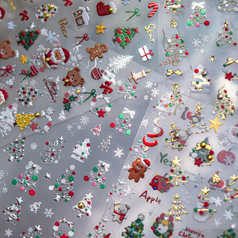 13pcs Christmas Nail Stickers Crystal Diamond Cartoon Tree Apple Back Glue Nail Art Stickers DIY 3D Nails Decorations 251027