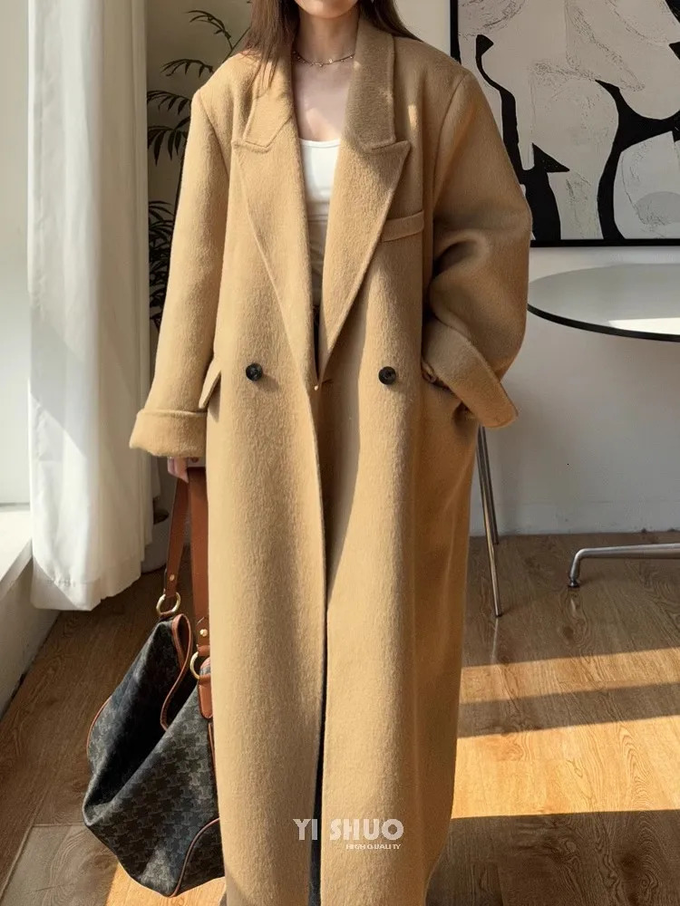 Long Loose Gray 100Wool Coat Women Korean Fashion Elegant Camel Winter Jacket 251028