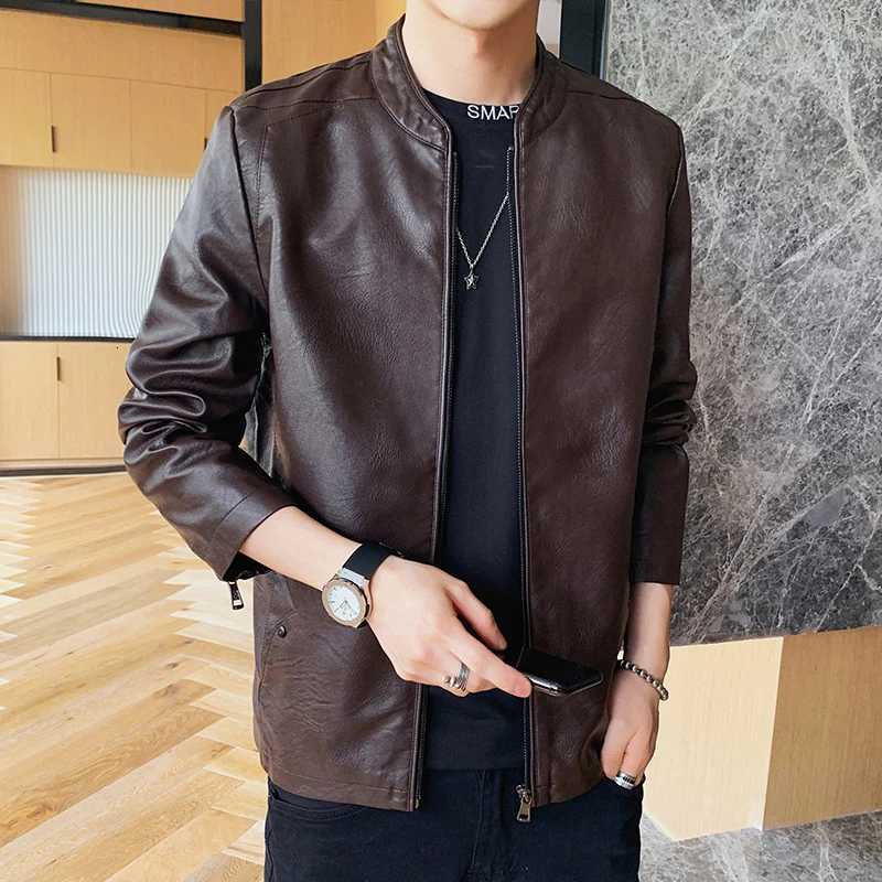 Mens Fashionable Stand Collar Leather Jacket Casual Windbreaker Youth Jacket New Mens Slim Fit Motorcycle PU Leather JacketT251029