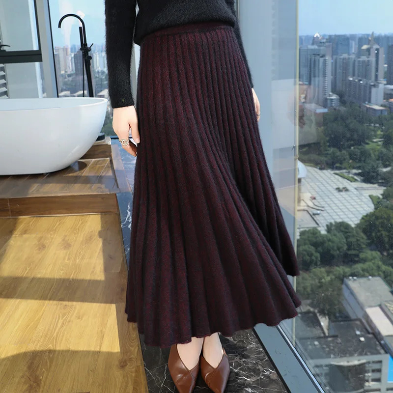 Autumn And Winter Fashion Mink Cashmere Mid Length High Waist Skirt For Women Knitted Umbrella Skirt Fashionable Pleated Skirt 251028