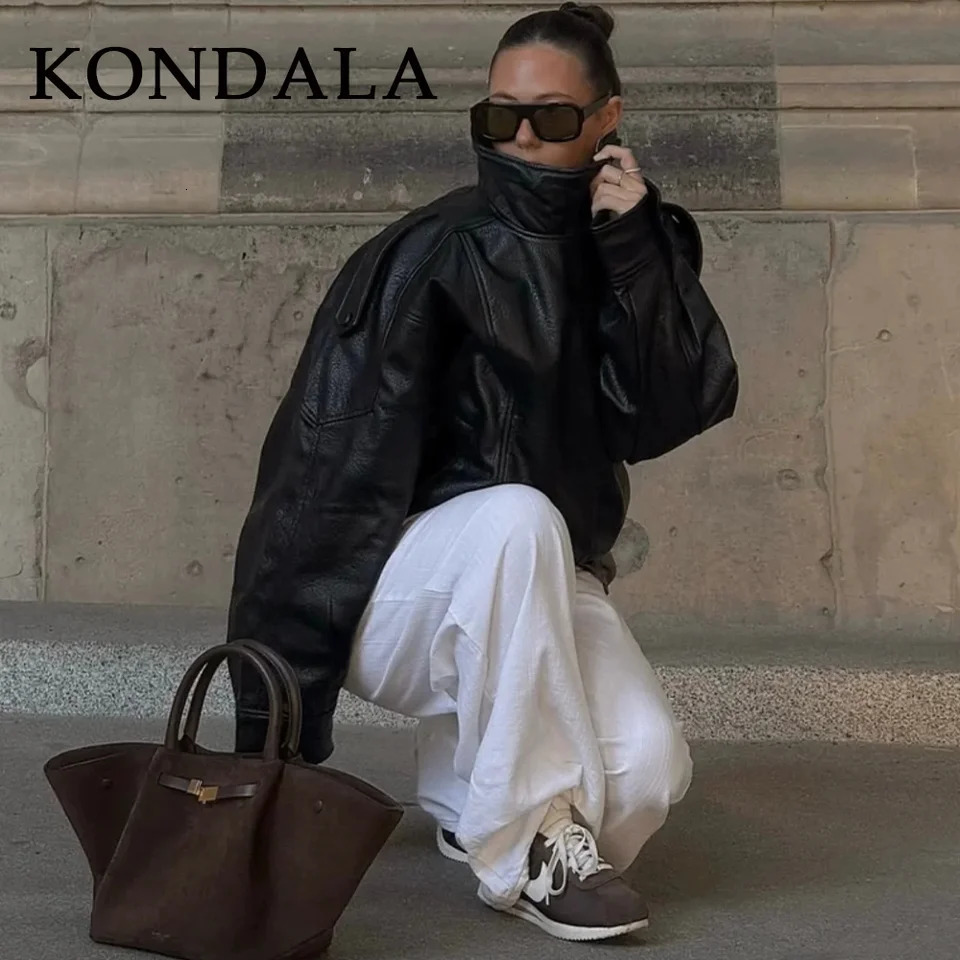 KONDALA 2025 Fall Winter Faux Leather Women Vintage Coats Fashion Streetwear Zipper Turndown Collar Christmas Ladies Leathers 251029