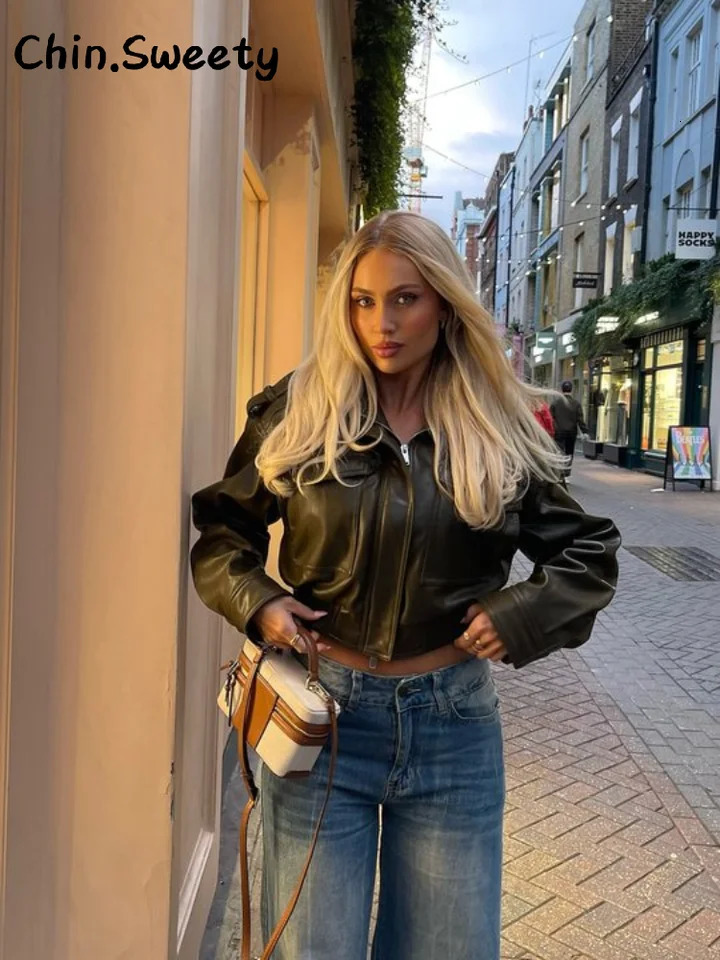 Street Vintage Pockets Cropped Leather Jacket Women Loose Stand Collar Long Sleeve Zipper Coat 2025 Autumn Lady Chic Outwear 251029