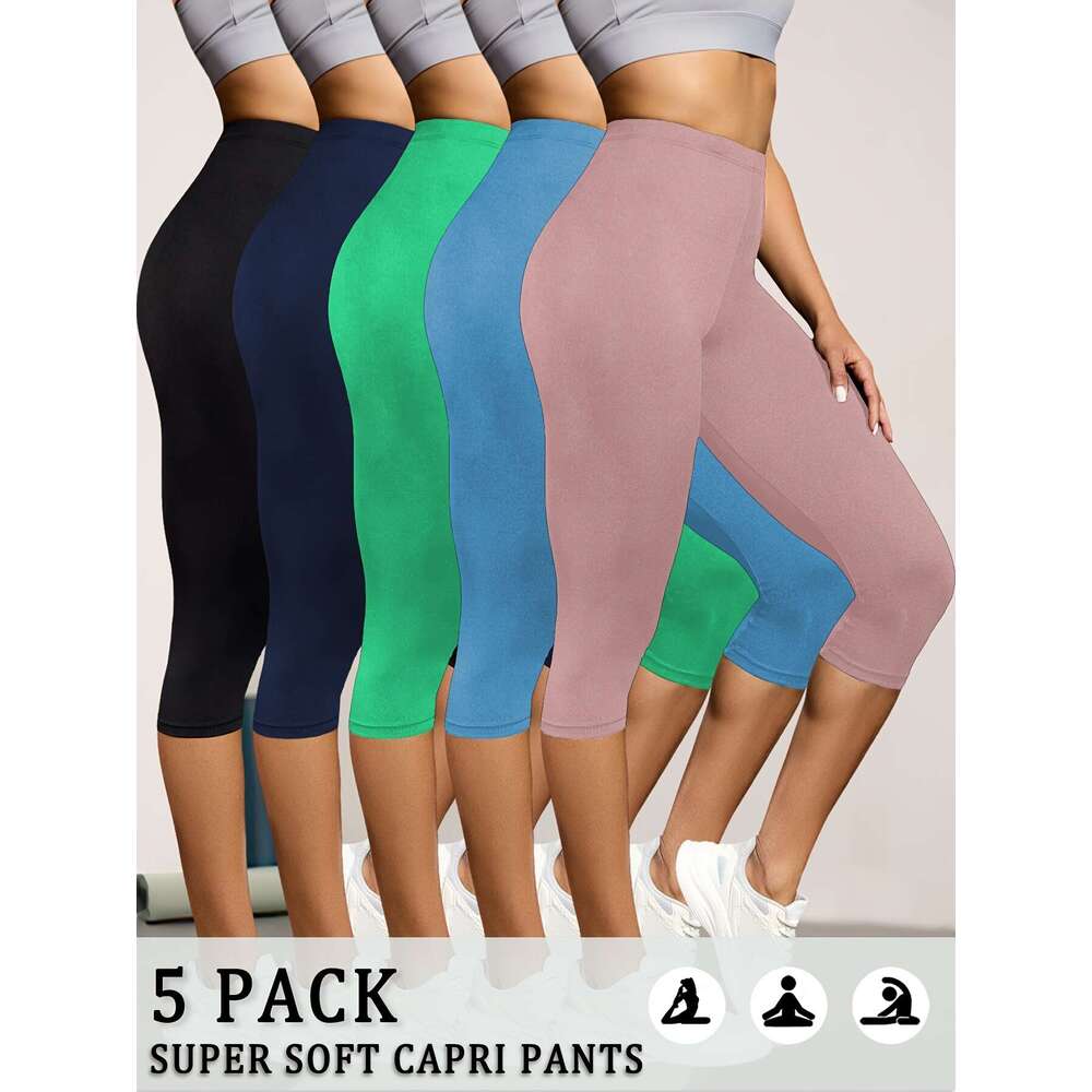 5pcs Women'S Super Soft Capri Pants, Solid Color High Stretch Athletic Leggings for Workout, Running, Yoga - Breathable & Comfortable Spring/Summ
