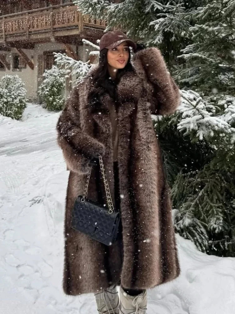 Lapel Long Faux Fur Coat For Women Solid Full Sleeve Furry Loose Jackets Fashion Ladies Winter Warm High Street Outerwear 251029