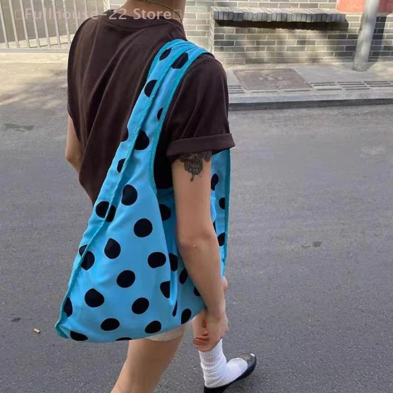 MAX22Fashion Blue Polka Dot Shoulder Bag Korean Simple Underarm Bag Female Versatile Large Capacity Tote Bags Canvas Handbag 251029