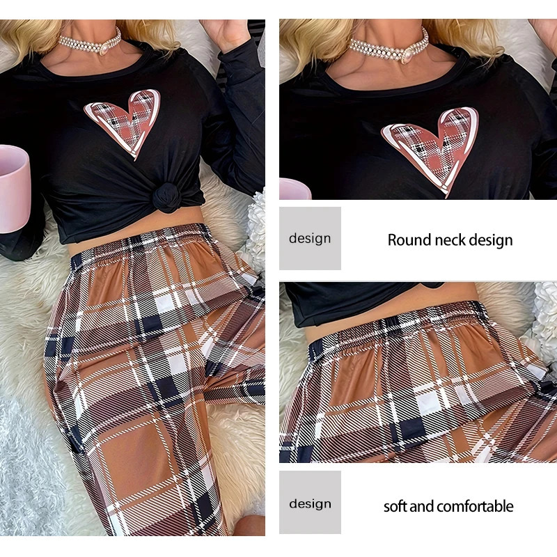 TwoPiece Long Sleeved Sleepwear Set with Printed Heart Top and Plaid Loose Pants Soft Casual Womens Home 251029