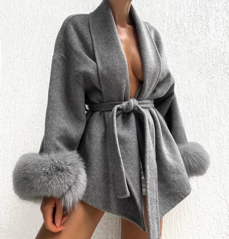 Casual Fur Patchwork Lace Up Woolen Coat Women Elegant Vneck Full Sleeve Loose Outerwear Lady Autumn Daily Commute Street Coats 251028