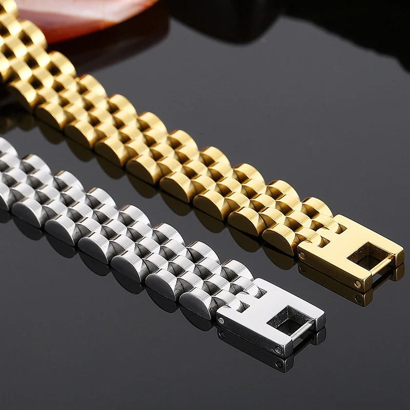 1015MM Watchband Style Mens Man Bracelet For Men Women Waterproof Gold Color Stainless Steel Mannen Armband Hand Wrist Jewelry 251028