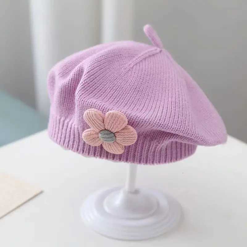 Solid Color Cute Flower Baby Hat Winter Warm Knitted Beanie Cap for Infant Girls Korean Toddler Kids Princess Artist Painter Cap251028