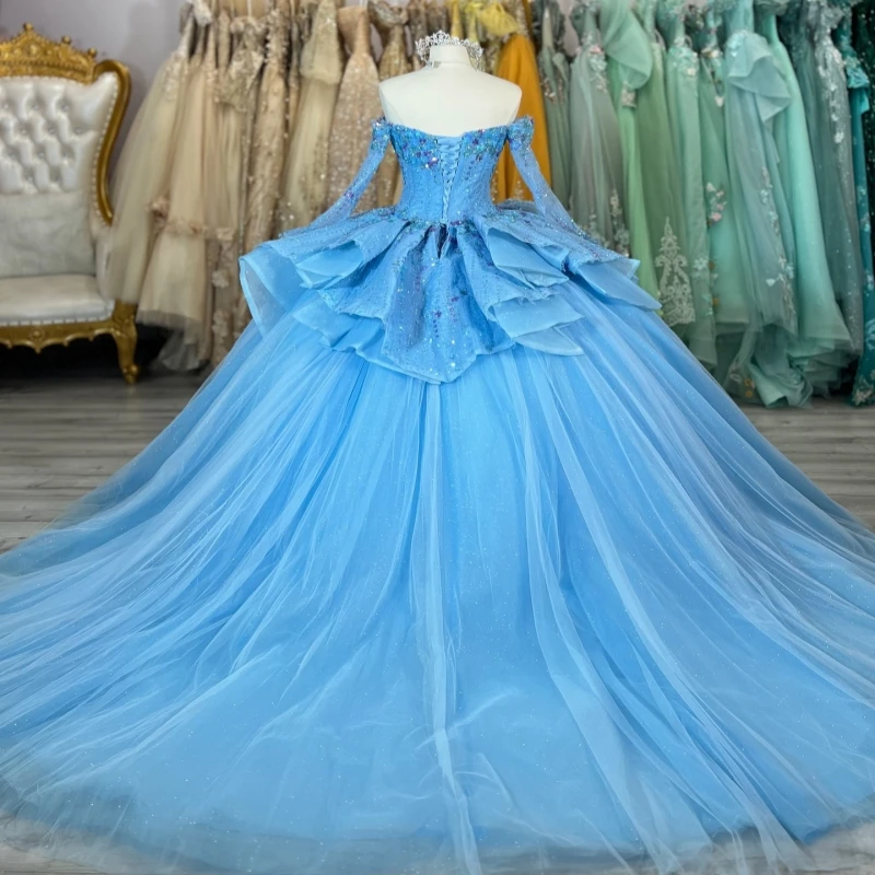 Blue Shiny Ball Gown Quinceanera Dresses Off The Shoulder Beading Crystal Tull Long Sleeves Party Birthday Sweet 16 Dress Vestidos 15 De Anos