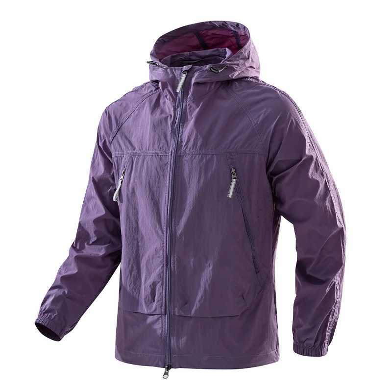 UPF50Mens Hooded Windbreaker Jacket Ultra Light Summer Zipper Pocket Elastic Cuffs Suitable for Outdoor Hiking and Running J251029
