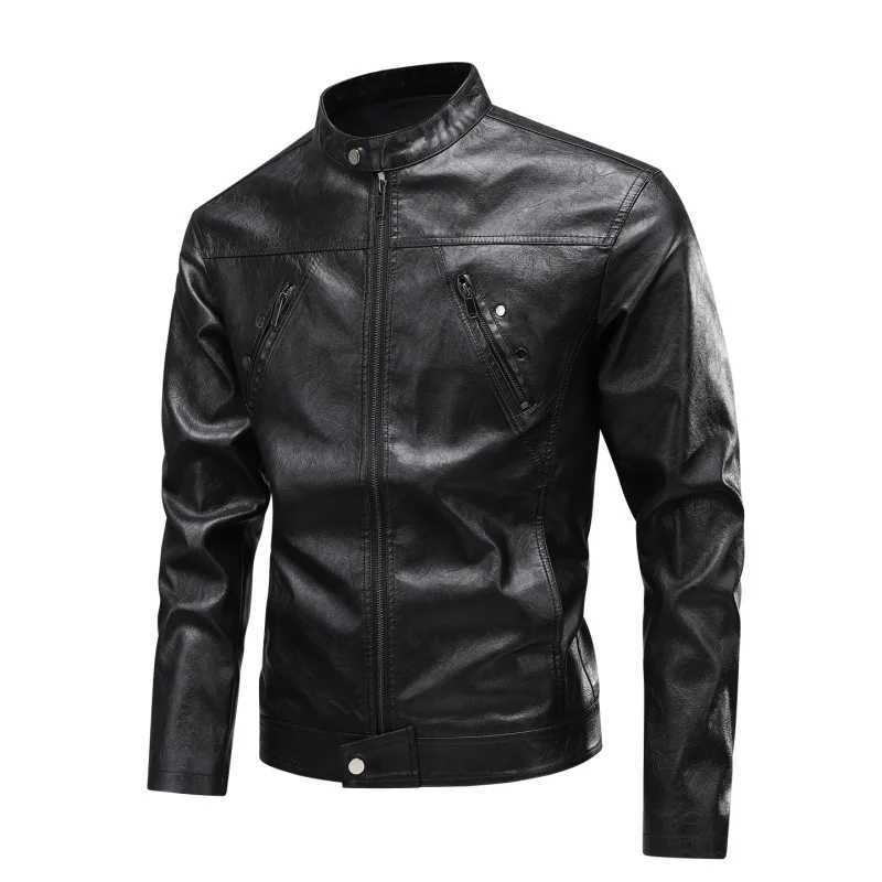 American retro lapel leather jacket a trendy autumn and winter brand in solid colors is versatile and suitable for teenagersT251029