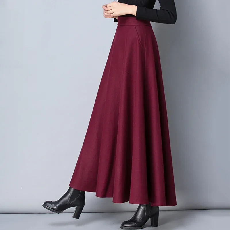 SMVP Winter Womens Long Woolen Skirt Elegant High Waist Wool A Line Skirts Female Casual Thick Warm Pocket Maxi Skirts Lady 251028