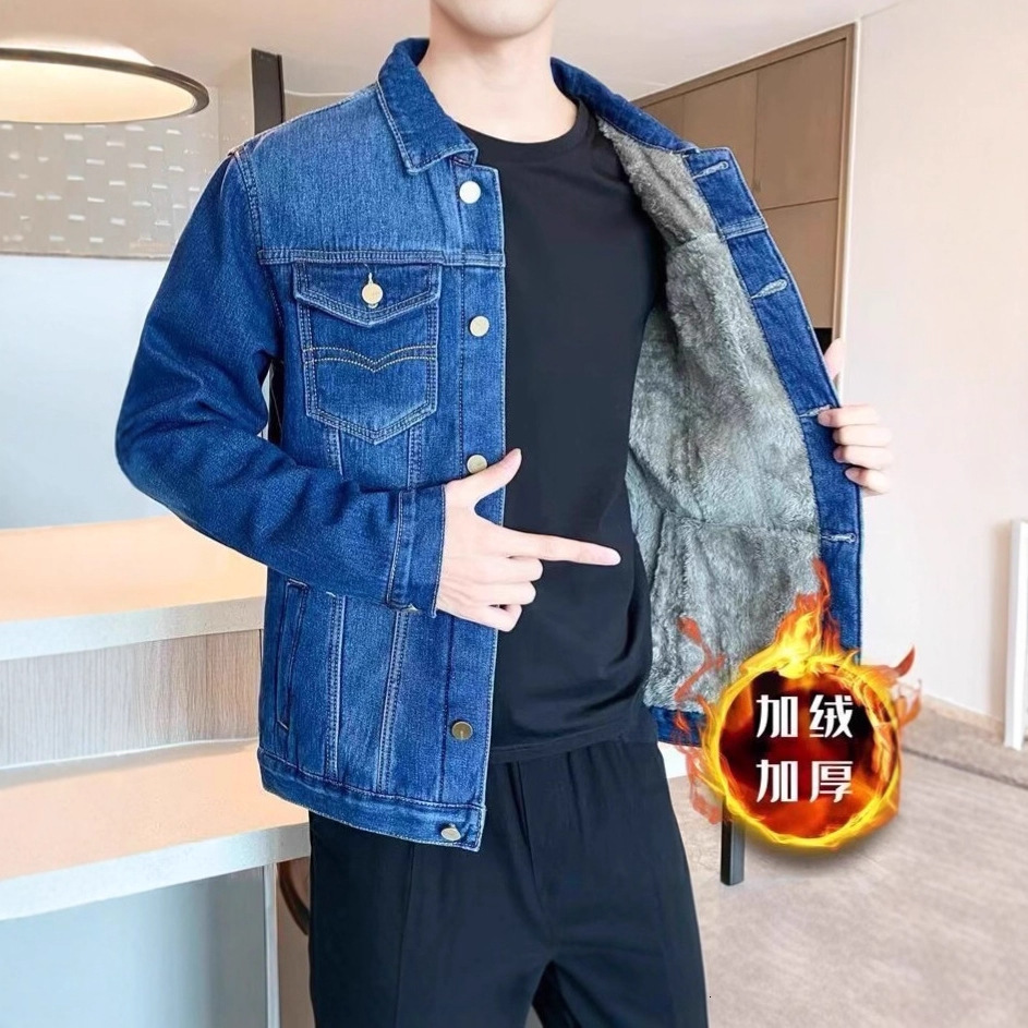 Autumn Winter Men's Denim Jacket With Fleece Lining Thickened Trendy, Warm Designer Jacket Slim Fit Korean Style Youth Plus Size Casual Jacket To