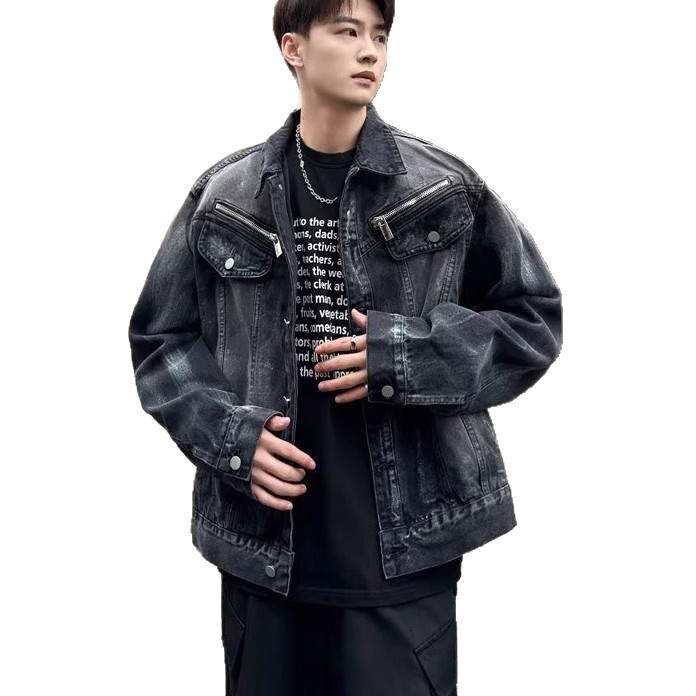 American Heavy Washed Denim Jacket For Men Spring And Autumn Vibe Designer Jacket Trendy Brand High Street Loose Fit Niche Punk Coat