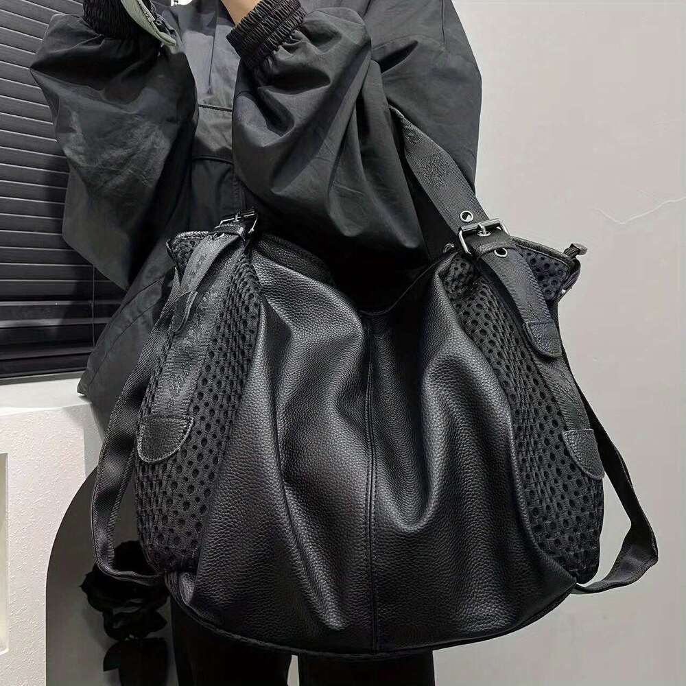 Large Capacity Mesh Spliced Shoulder Bag Street Style Handbag With Adjustable Strap, Black Nylon Polyester Lining, Zipper Closure For Daily