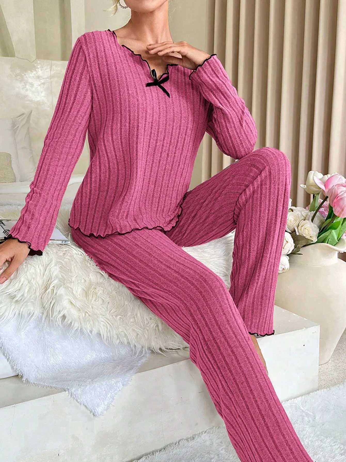 Autumn Winter Sleepwear Ribbed Pajamas Set for Women Long Sleeve Top and Long Pants 2 Piece Set Casual Homewear LoungewearT251029