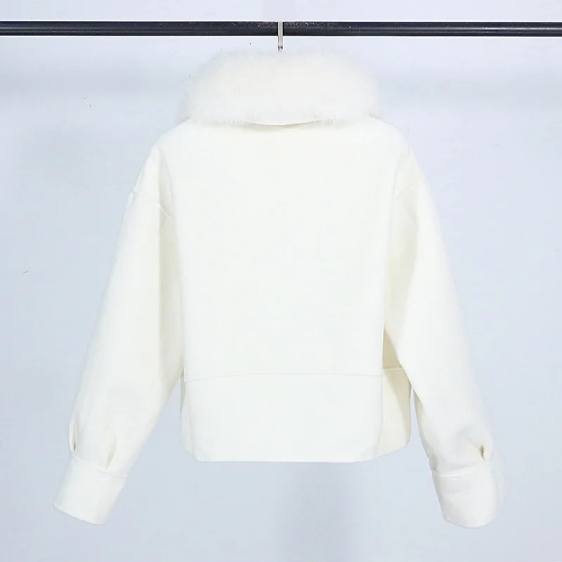 GENHUA 2025 Autumn Winter Fox Fur Collar 10 Cashmere 90 Wool Doublesided Wool Coat Womens Short Casual Loose Wool Coat 251029