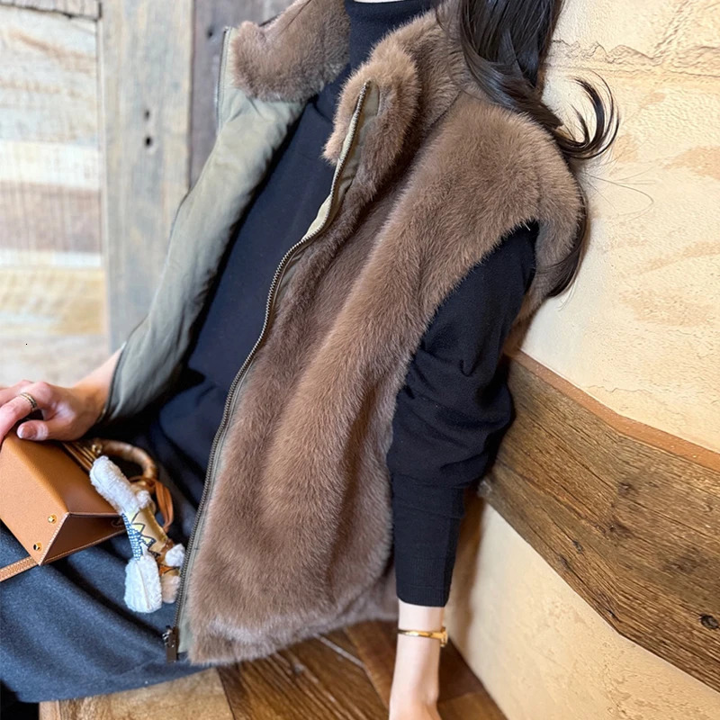 Women Korean Style Mink Fur Reversible Vest Coats Autumn Winter Highend Stand Collar Thick Warm Loose Casual Zipper Waistcoat 251027