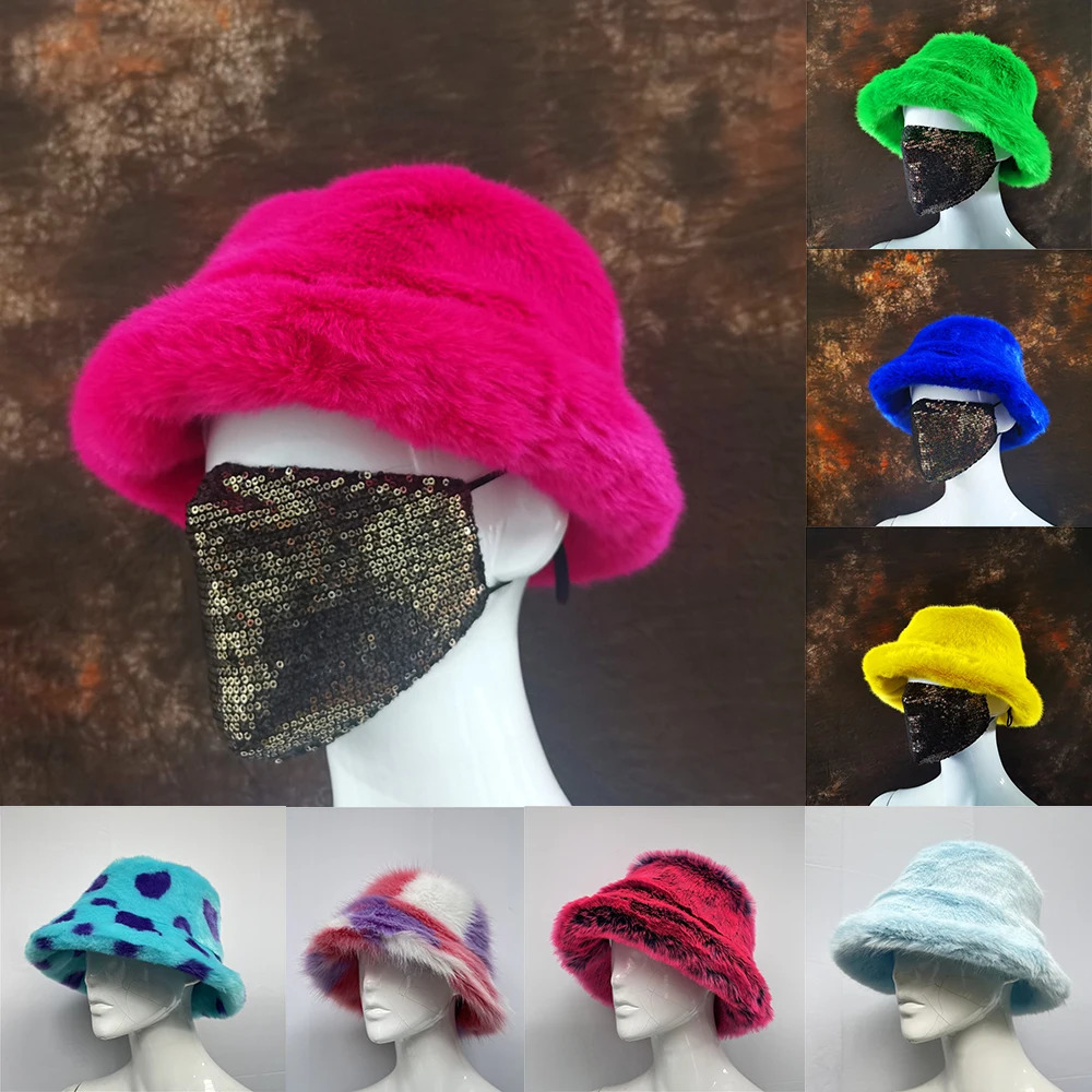 Fluffy Artificial Fur Bucket Hat for Womens Luxurious Plush Tie Dyed Warm Winter Fisherman Gorgeous 251013