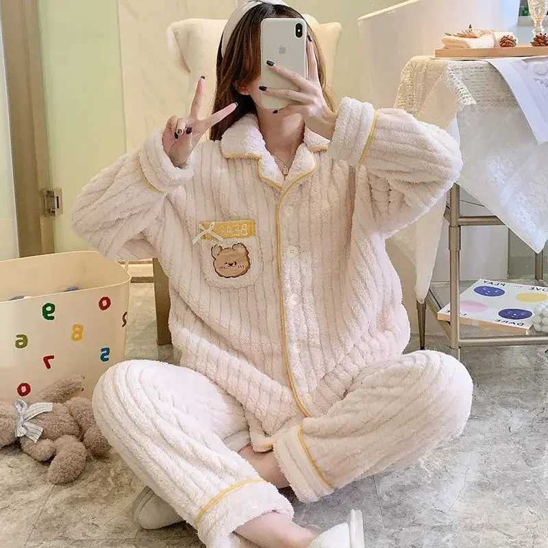 Women Pajamas Thickened Warm Coral Plush Girls Loungewear Sets Cartoon Autumn Winter Famale Sleep Clothes Flannel Homewear SuitT251029