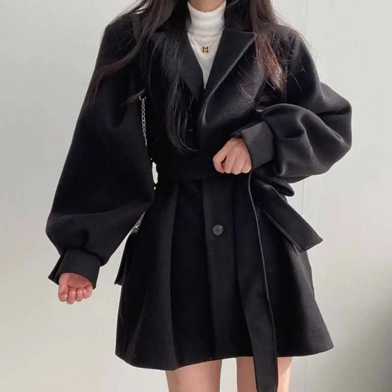 Smvp Button Laceup Woolen Coat For Women Elegant Solid Pocket Short Trench Jacket Autumn Winter Warm High Street Outwear 251029