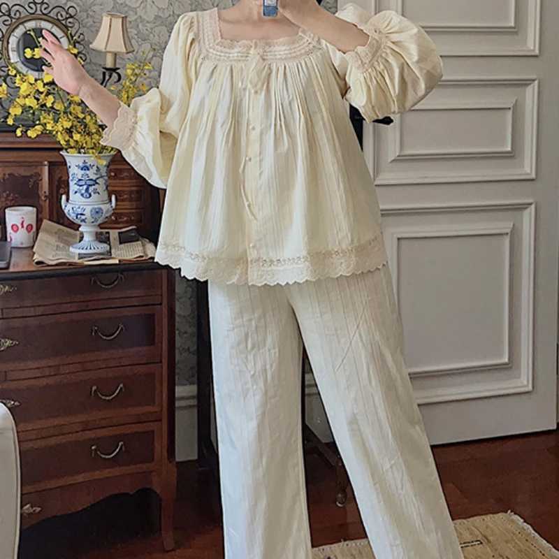 Fairy Women Pure Cotton Pajamas Princess Sleepwear Nightwear Autumn Winter Apricot Loungewear Sweet Tops Pants Two Piece SetsT251029