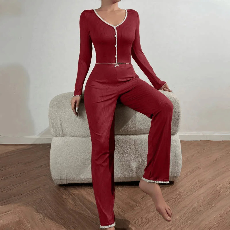 Autumn Winter Sleepwear Women Long Sleeves Tshirt Trousers 2 Pieces Pajamas Set Female Lace Knit Fabric Pijamas Loungewear 251029