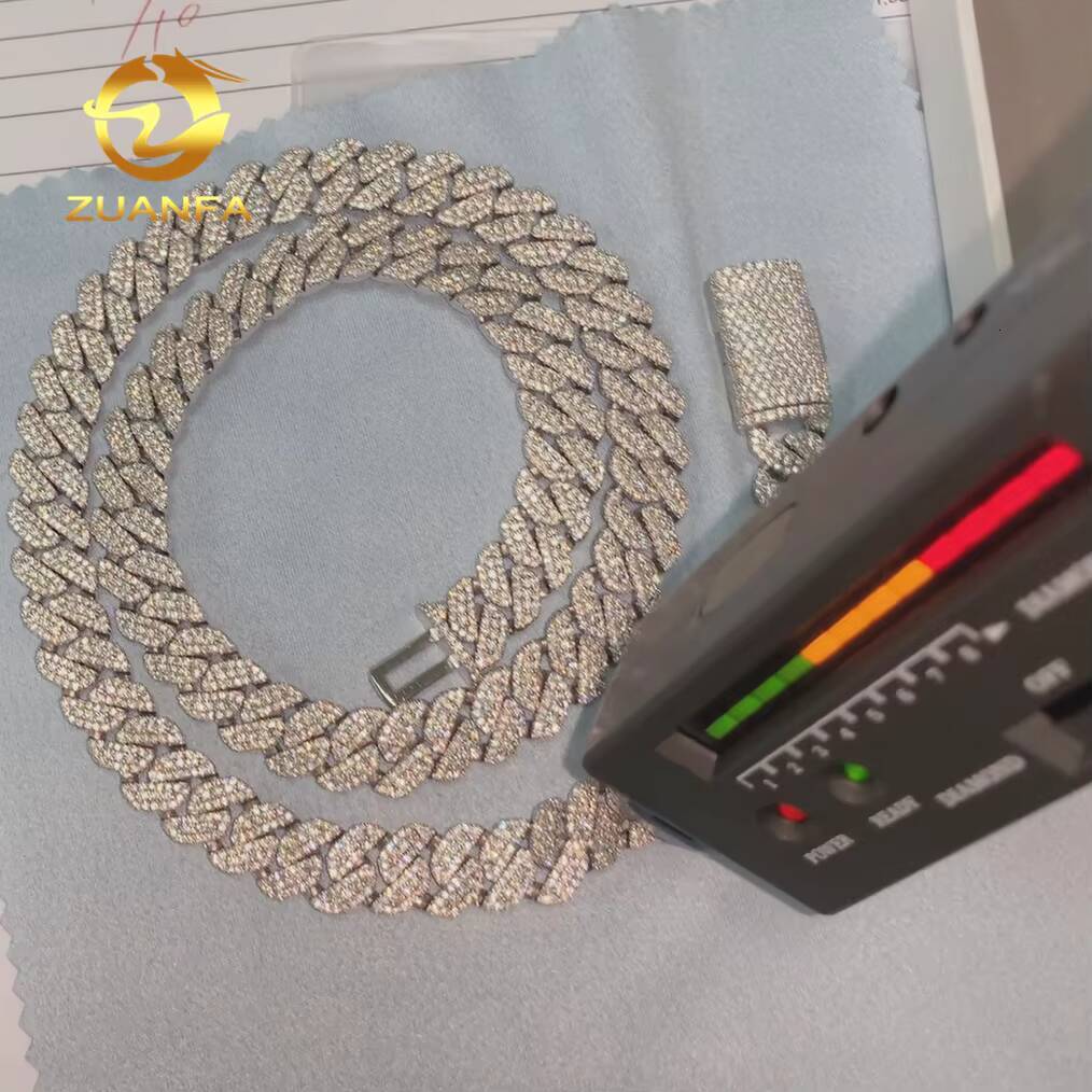 Real Gold Plated 10mm Moissanite Chain Cuban Links Prong Chain Pass Diamond Tester 925 Silver Cuban Link Chain Necklace