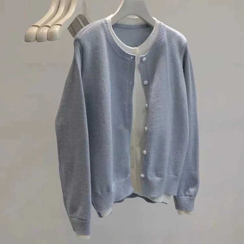 Gray Fake Two Pieces Knitted Cardigan Women Patchwork Round Neck Button Knitwear Female Korean Fashion Street Y2K Short SweatersT251028