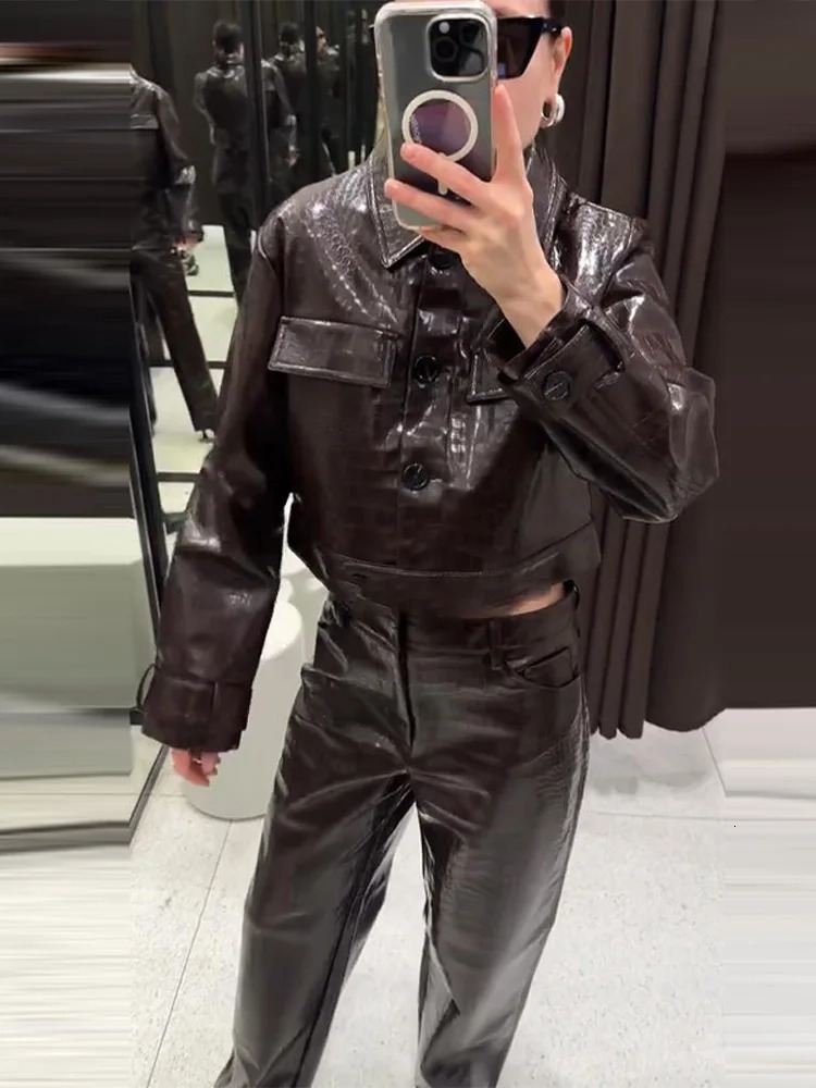 Retro PU Leather Jacket Long Pant Set Women Chic Lapel Shiny Short Jackets Straight Pants Sets Lady Autumn Classic Street Outfit 251029